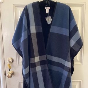 Denim & Co. Blue Plaid Printed/Solid Black Reversible Fleece Poncho/NEW!
